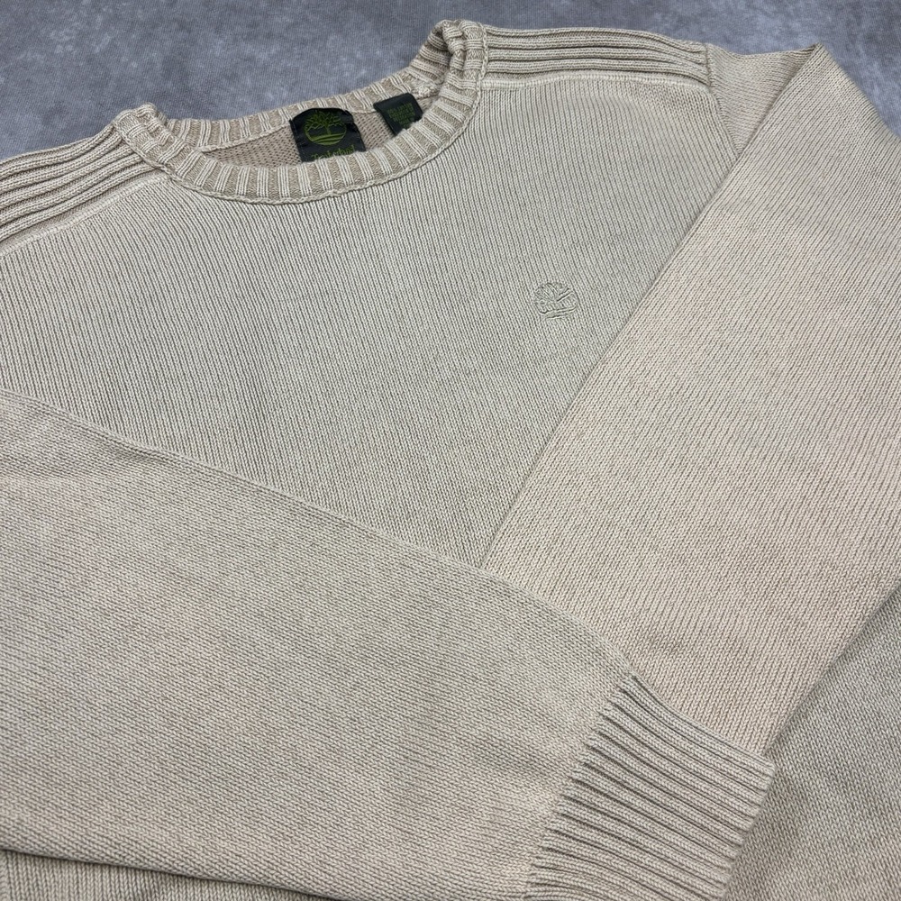 Timberland Mens Large 100% Cotton Heavy Beige Crew Neck Sweater Vintage EUC